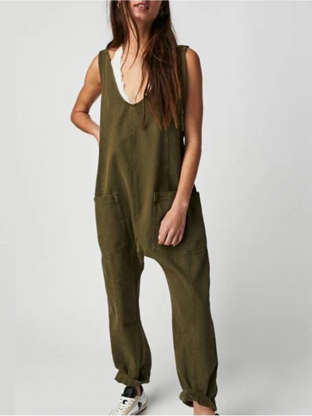 Free People XS We The Free High Roller Dark Green Sleeveless Overall Jumpsuit